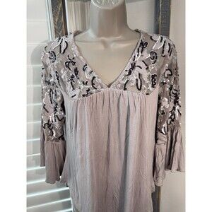 Boston Proper Womens Taupe and Black Sequin Embellished  Knit Top Size XS